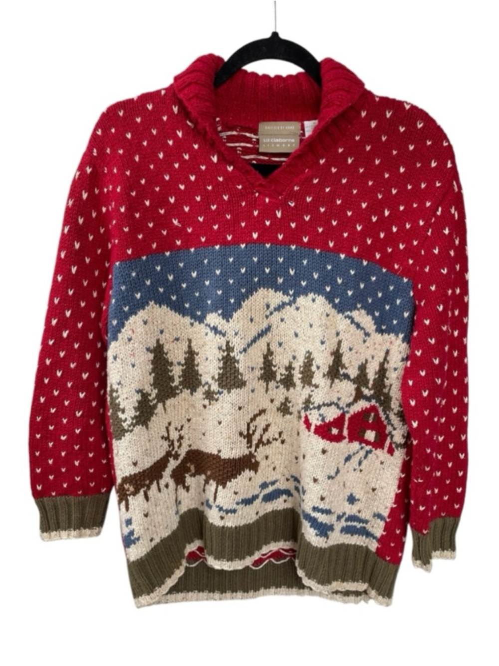 Liz Claiborne Vintage Red Christmas Scenic Hand Knit Sweater Winter Cabin M - Picture 2 of 6